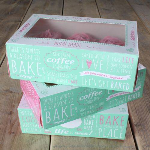 Papírová krabička průhledná na 6 cupcakes 24x16cm zelená v sadě 3 krabičky