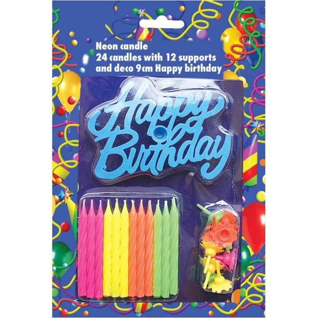 Svíčky na dort 24ks neonové s nápisem Happy Birthday