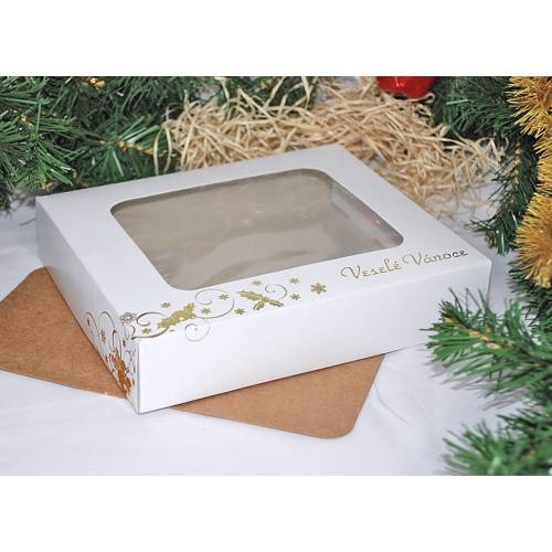 Vánoční krabice na cukroví bílá se zlatým potiskem 18 x 15 x 3,7 cm