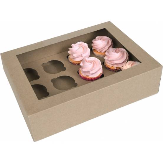 Papírová krabička 12ks Kraft papír s OKNEM, 12 cupcake