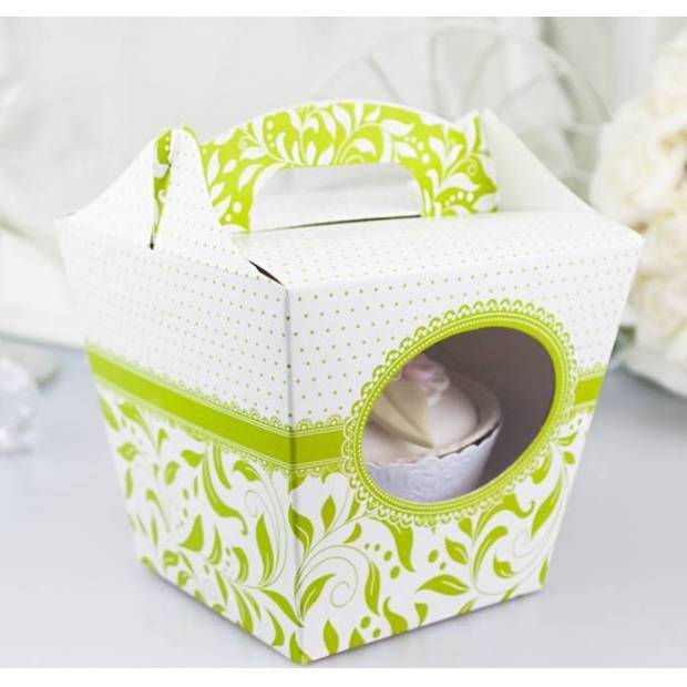 Svatební krabička na cupcake bílo-zelená (7,5 x 7,5 x 9,3 cm) K11-1011-01 dortis