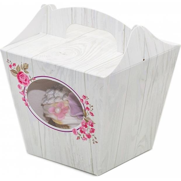 Svatební krabička na cupcake vzor dřevo s květinami (7,5 x 7,5 x 9,3 cm) K11-2090-01 dortis