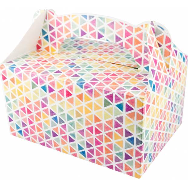 Krabička na zákusky s barevnými trojúhelníky (18,5 x 13,5 x 9,5 cm)