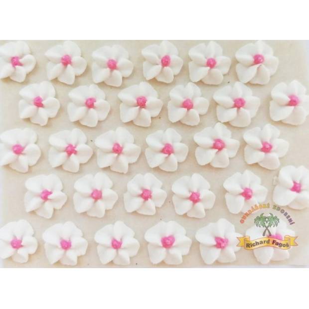 Cukrové květy bílé s růžovým středem na platíčku 30ks