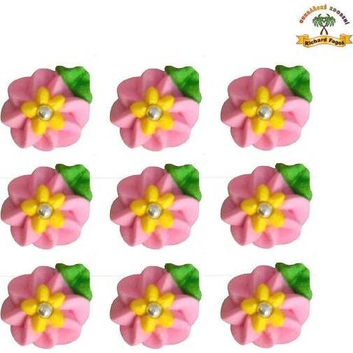 Cukrová dekorace květy růžové se žlutým středem na platíčku 9ks