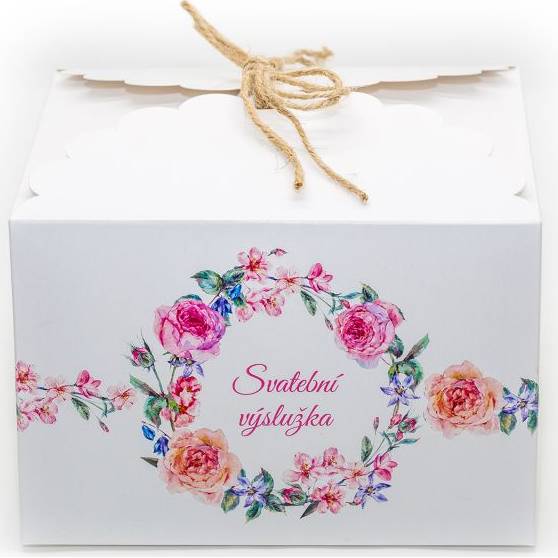 Svatební krabička na výslužku bílá s květinami (16,5 x 16,5 x 11 cm) 8ks