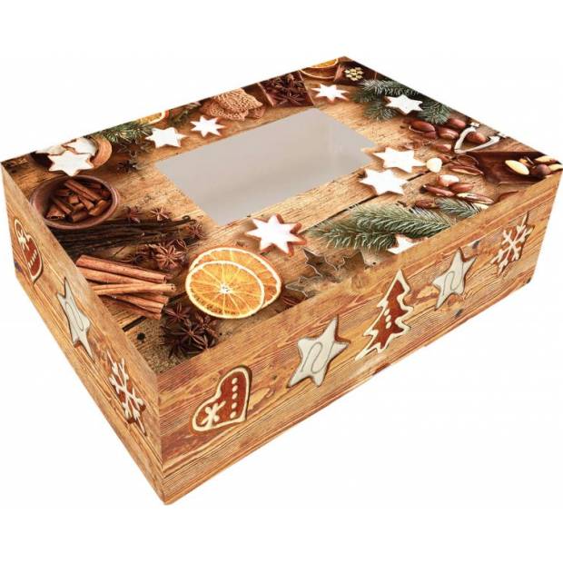 Krabička na cukroví skládací s okénkem 25x15x7cm 1ks imitace dřeva vánoční