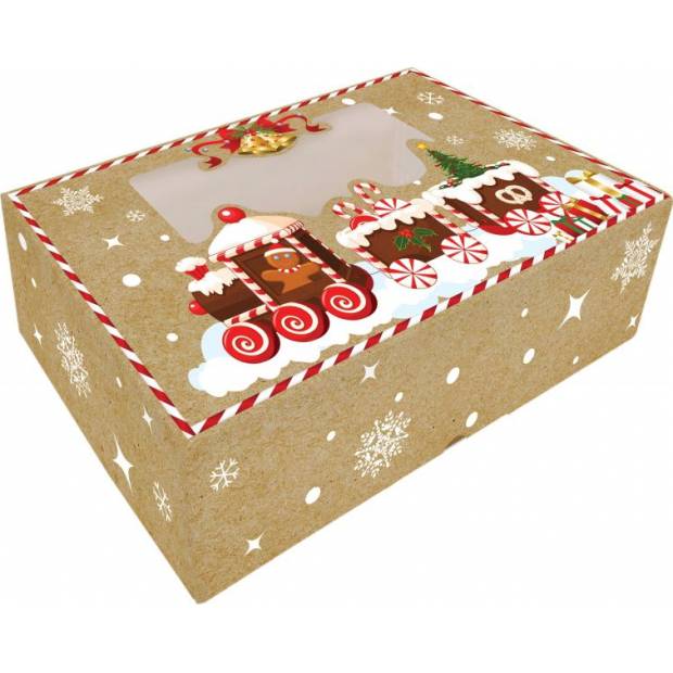 Krabička na cukroví skládací s okénkem 25x15x7cm 1ks vánoční vláček