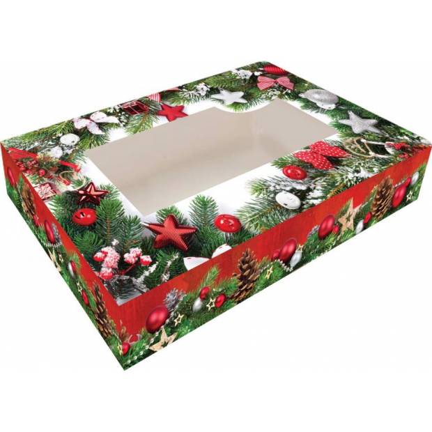 Krabička na cukroví skládací s okénkem 36x22x5cm 1ks vánočí větvičky