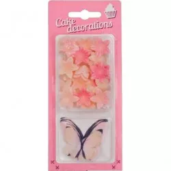 Dekorace z jedlého papíru Motýlci lososoví a květiny mini lososové (30 ks)