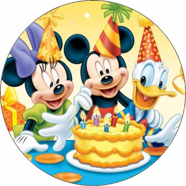 Jedlý papír Mickey, Minnie a kačer Donald oslava narozenin 19,5 cm