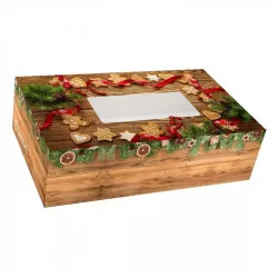 Krabička na cukroví s okénkem -  vzor dřevo s perníčky 25x15x7cm