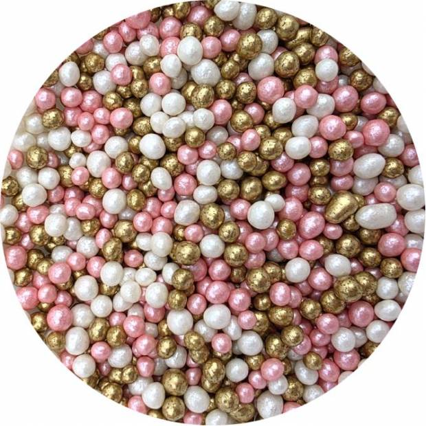 Cukrovo-rýžové perly růžovo-bílo-zlaté 5mm 80g