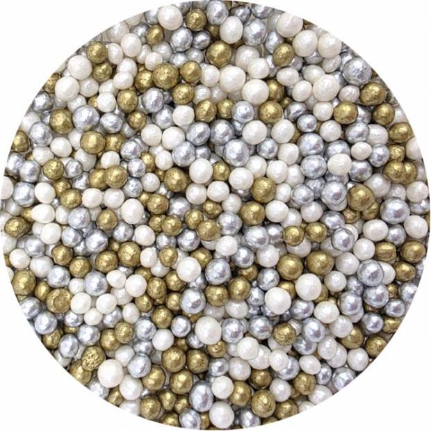 Cukrovo-rýžové perly mix stříbrno-bílo-zlaté 5mm  80g