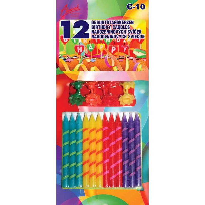 12ks narozeninových svíček se stojánky barevné Alvarak