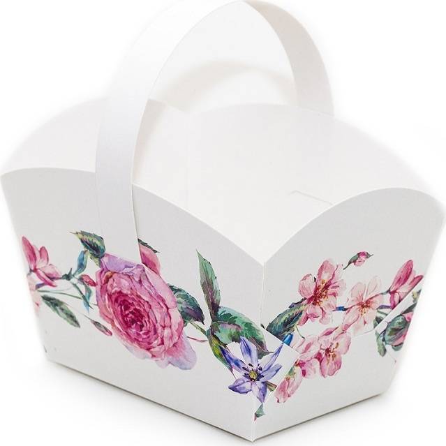 Svatební košíček na cukroví bílý s květinami (10 x 6,7 x 8 cm) dortis