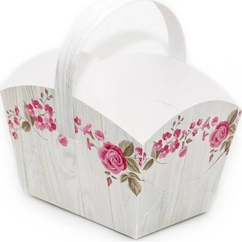 Svatební košíček na cukroví vzor dřevo s květinami (10 x 6,7 x 8 cm) dortis
