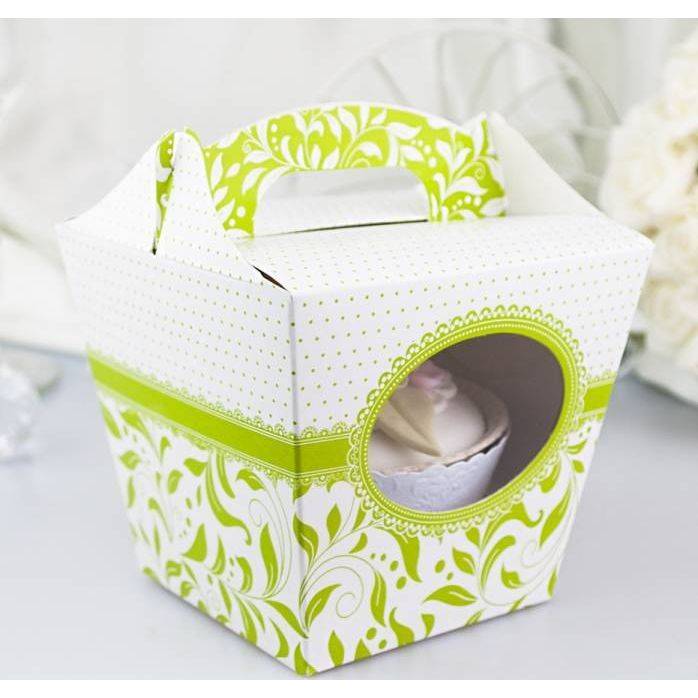 Svatební krabička na cupcake bílo-zelená (7,5 x 7,5 x 9,3 cm) dortis