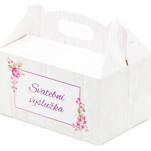 Svatební krabička na výslužku vzor dřevo s květinami a nápisem (13 x 9 x 7 cm) dortis
