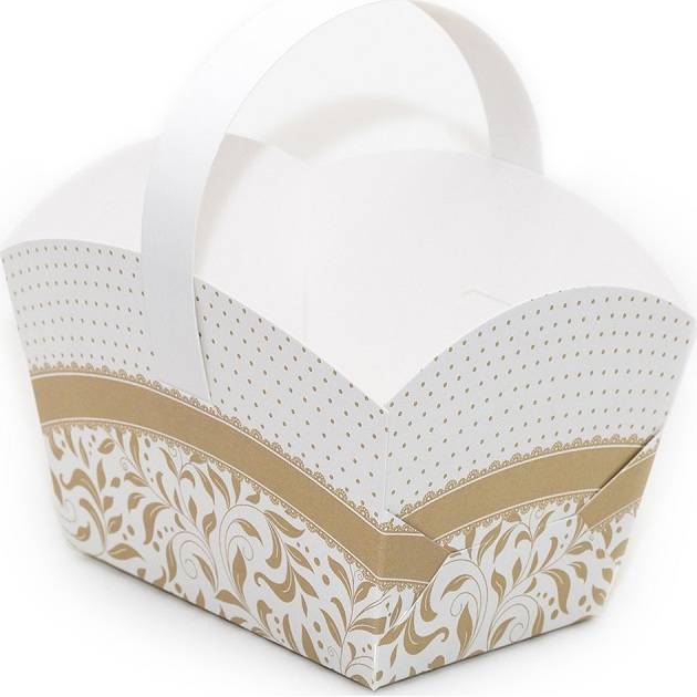 Svatební košíček na cukroví bílo-béžový (10 x 6,7 x 8 cm) dortis