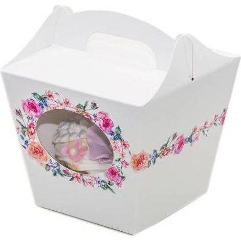 Svatební krabička na cupcake bílá s květinami (7,5 x 7,5 x 9,3 cm) dortis