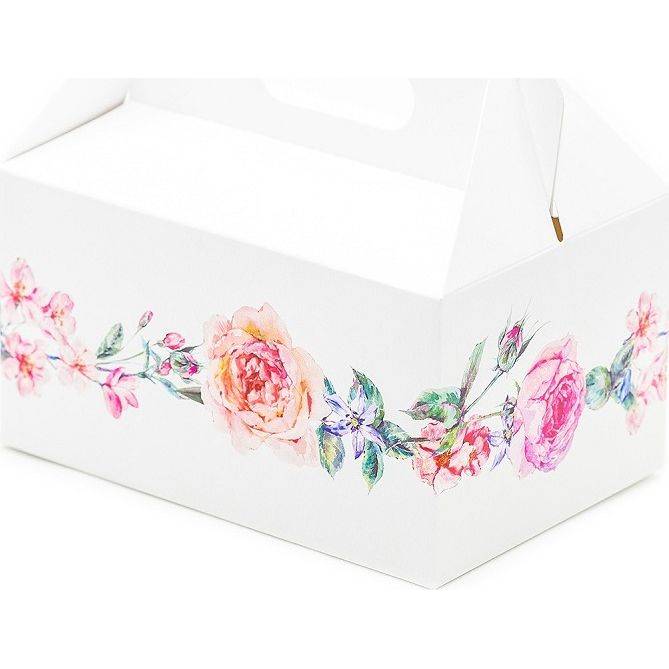 Svatební krabička na výslužku bílá s květinami (13 x 9 x 7 cm) dortis