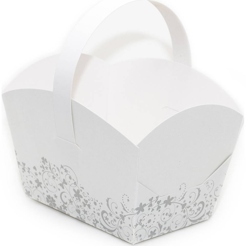 Svatební košíček na cukroví bílý s šedým zdobením (10 x 6,7 x 8 cm) dortis
